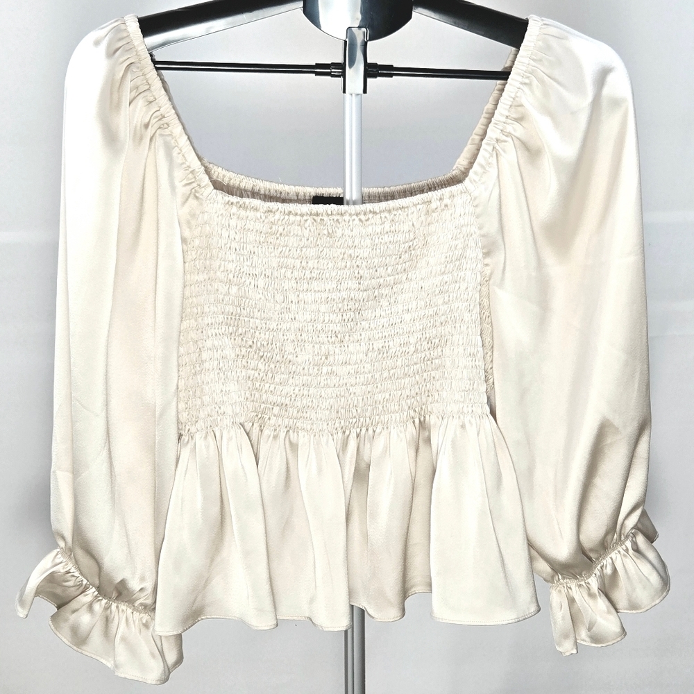 Lucy Paris Satin Smocked Boho Milkmaid Peasant Top, Large